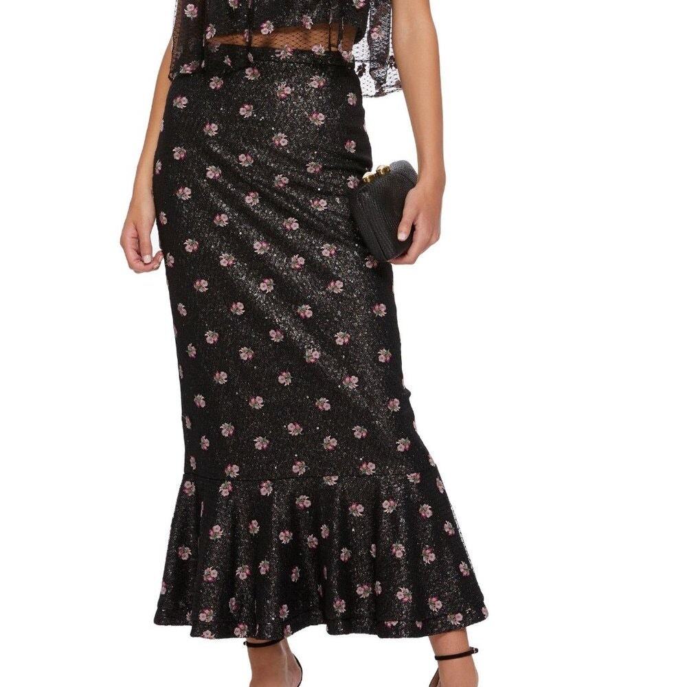 NWT Saloni Black Aidan Embroidered Flower Maxi Sequin Skirt Flowy US 4 Coquette
